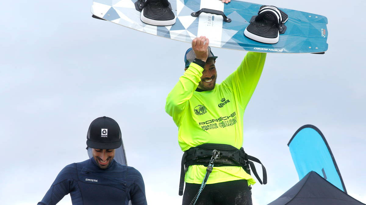 Ben Sasi at the Big Air competition in Isreal - holding his Ocean Rodeo kit