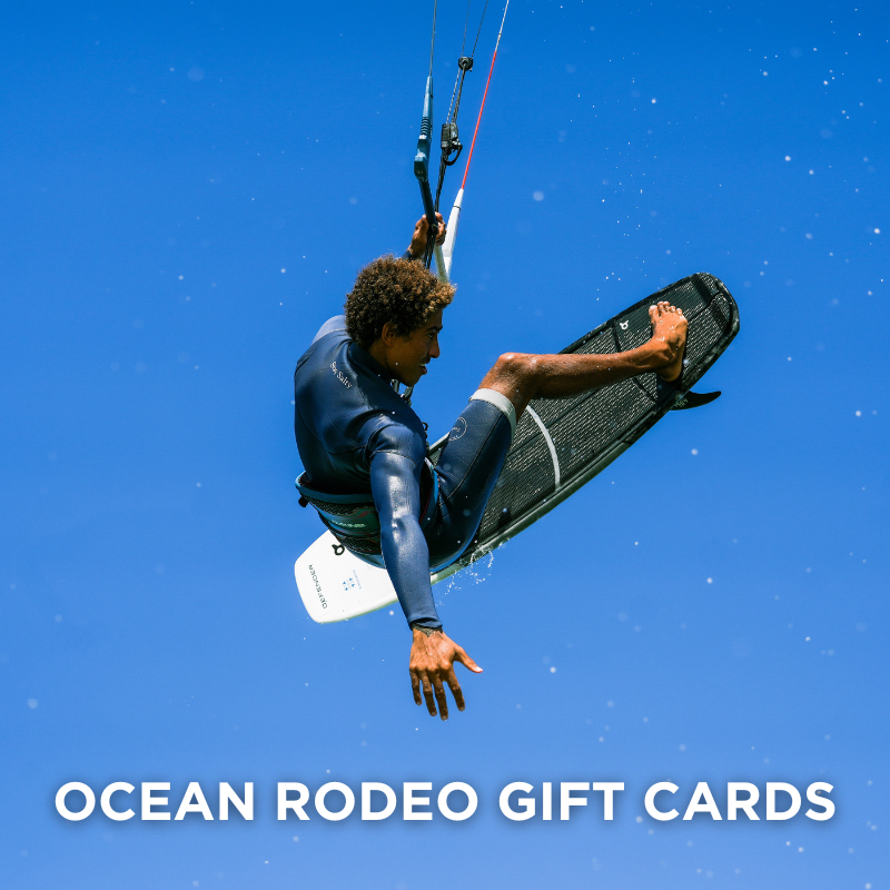 Ocean Rodeo gift cards - the perfect gift for the kite or wing enthusiast in your life. Image shows pro rider Hendrick Witschi kitesurfing.