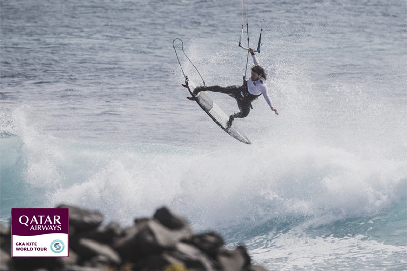 Ocean Rodeo team rider and board designer Reece Myerscough at the Qatar Airways GKA Kite-surf World Cup in Cape Verde