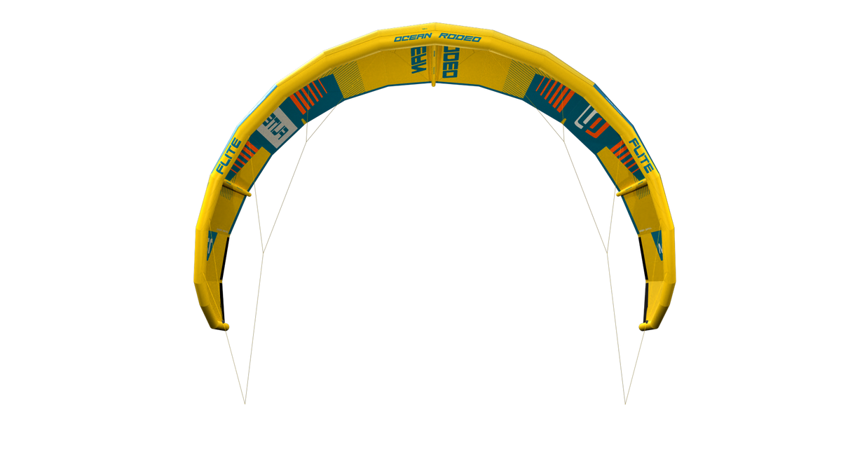 Ocean Rodeo Flite 3S A-Series. Image shows a blue and yellow kite with 'Ocean Rodeo' branding.