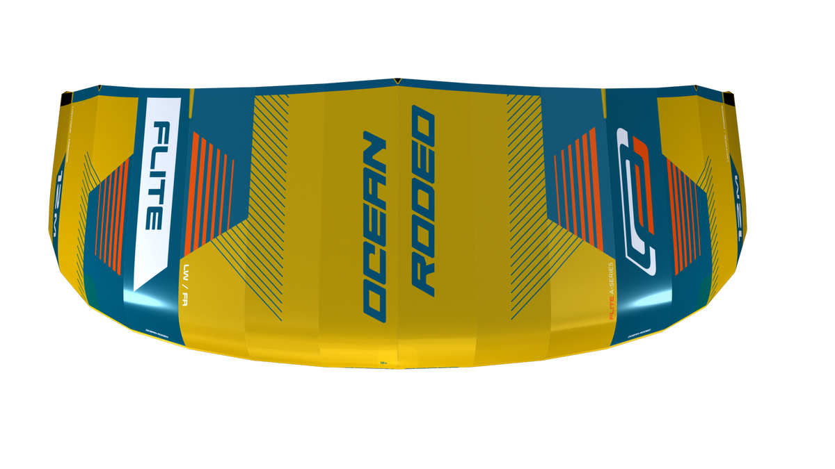 Ocean Rodeo Flite 3S A-Series. Image shows a blue and yellow kite with 'Ocean Rodeo' branding.