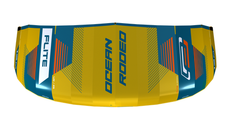 Ocean Rodeo Flite 3S A-Series. Image shows a blue and yellow kite with 'Ocean Rodeo' branding.