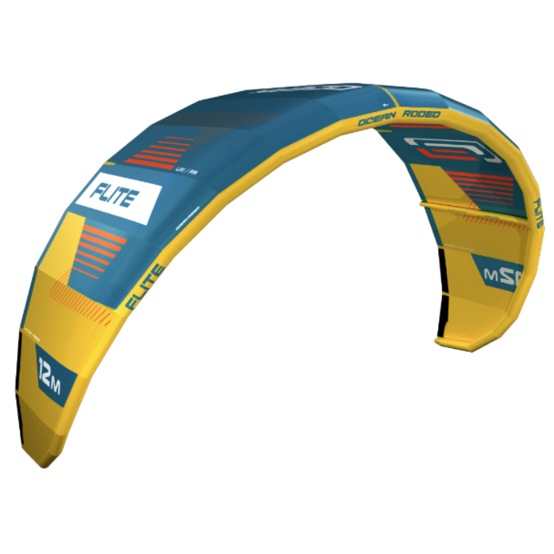 Ocean Rodeo Flite 3S A-Series. Image shows a blue and yellow kite with 'Ocean Rodeo' branding.