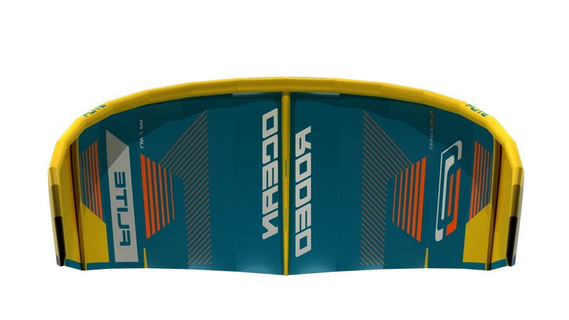 Ocean Rodeo Flite 3S A-Series. Image shows a blue and yellow kite with 'Ocean Rodeo' branding.