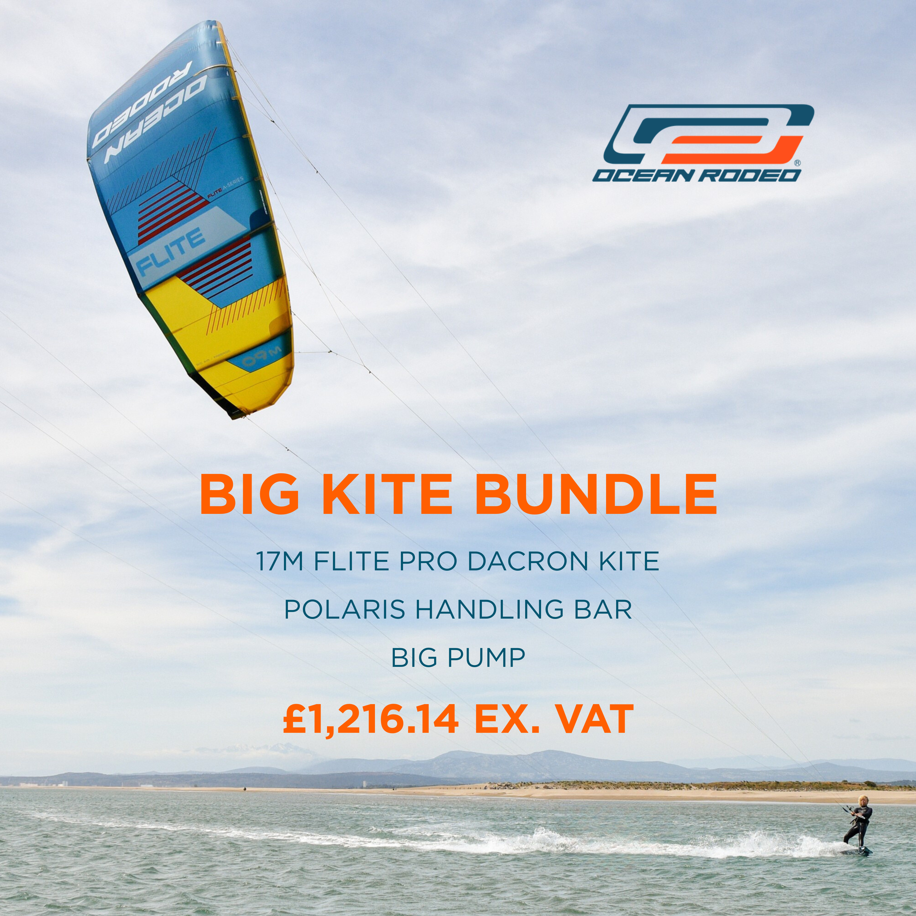 Big Kite Bundle Graphic. Image shows kitesurfing setup with Ocean Rodeo kite and text detailing product bundle on a beach background