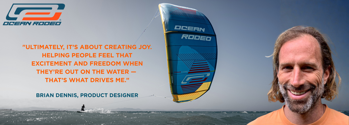 Ocean Rodeo carousel mobile image - Quote from Brian Dennis (who stands in the foreground) with a Ocean Rodeo kite in the background. 