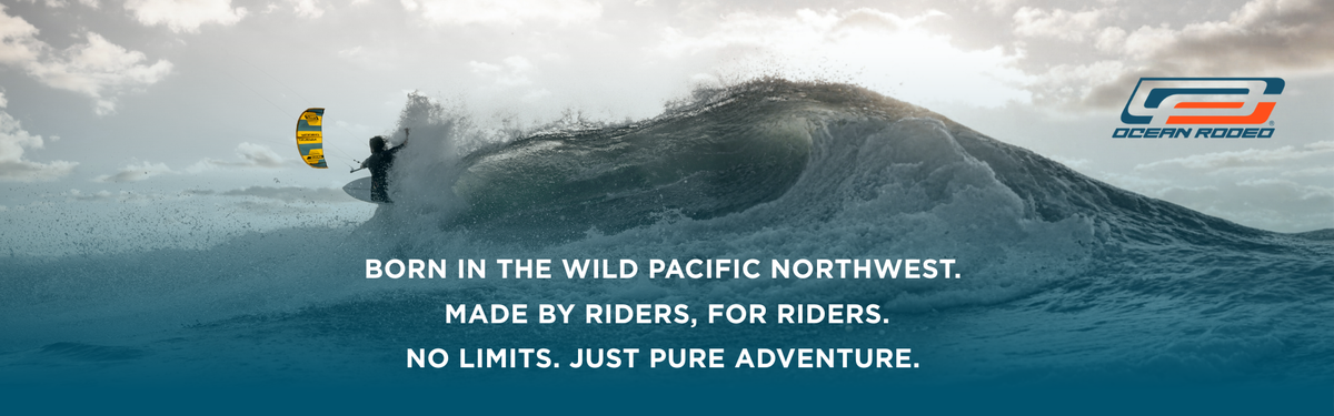 Ocean Rodeo home page mid page banner. Image shows person kite surfing on a large wave with a brand logo and text in the background. Text says "Born in the wild Pacific Northwest. 
Made by riders, for riders.
No limits. just Pure adventure."